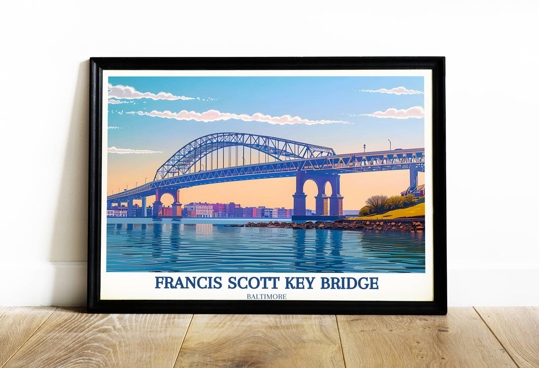 Digital art print featuring the iconic Francis Scott Key Bridge over the Patapsco River, showcasing Marylands engineering and design in vivid colors, perfect for any travel enthusiasts collection.