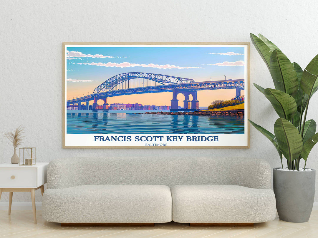 Aerial view of the Francis Scott Key Bridge in a Maryland art print, showcasing the impressive structure in dramatic detail, perfect for a striking wall display or as a thoughtful travel gift.