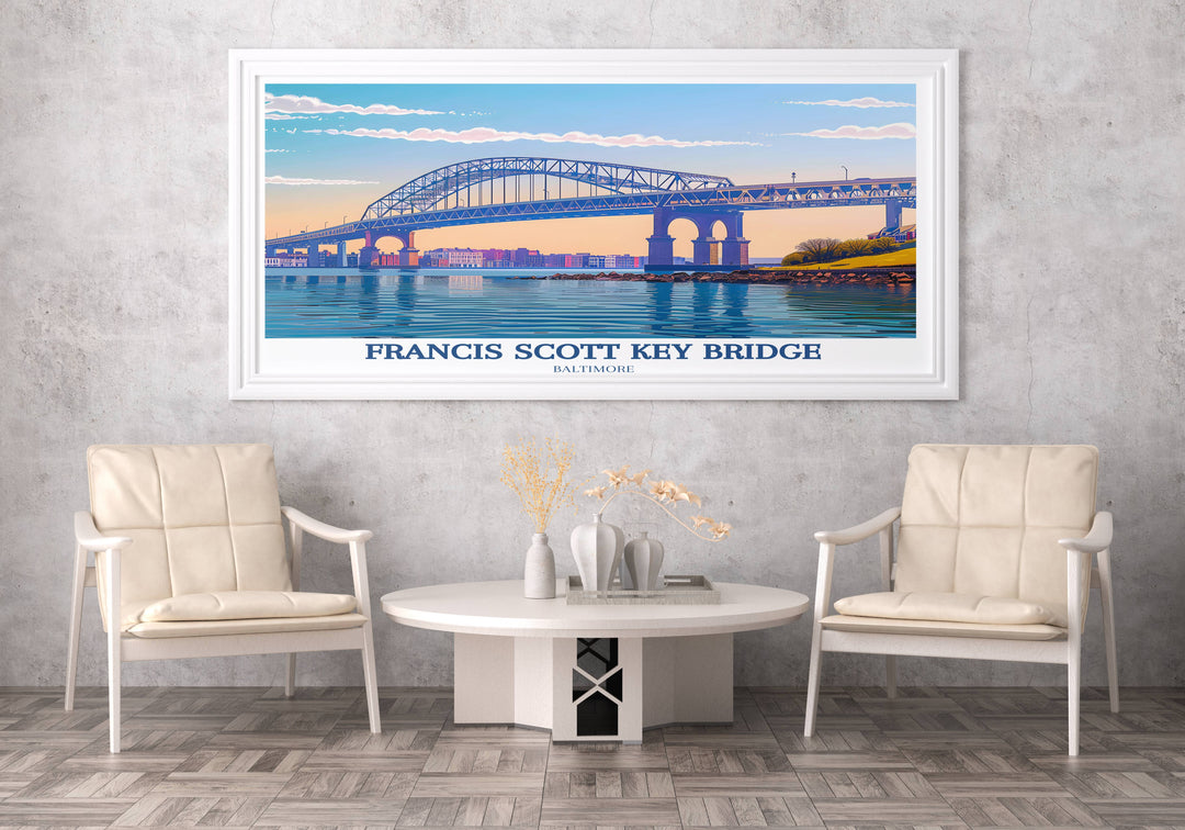 Scenic digital download of the Baltimore Bridge at sunset, featuring rich hues and serene water reflections, perfect for enhancing any travel or art collection with a touch of Marylands charm.