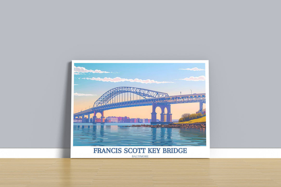 Maryland art print of the Francis Scott Key Bridge illuminated at night, offering a spectacular view with twinkling lights reflected in the water, ideal for a travel poster or home decor.