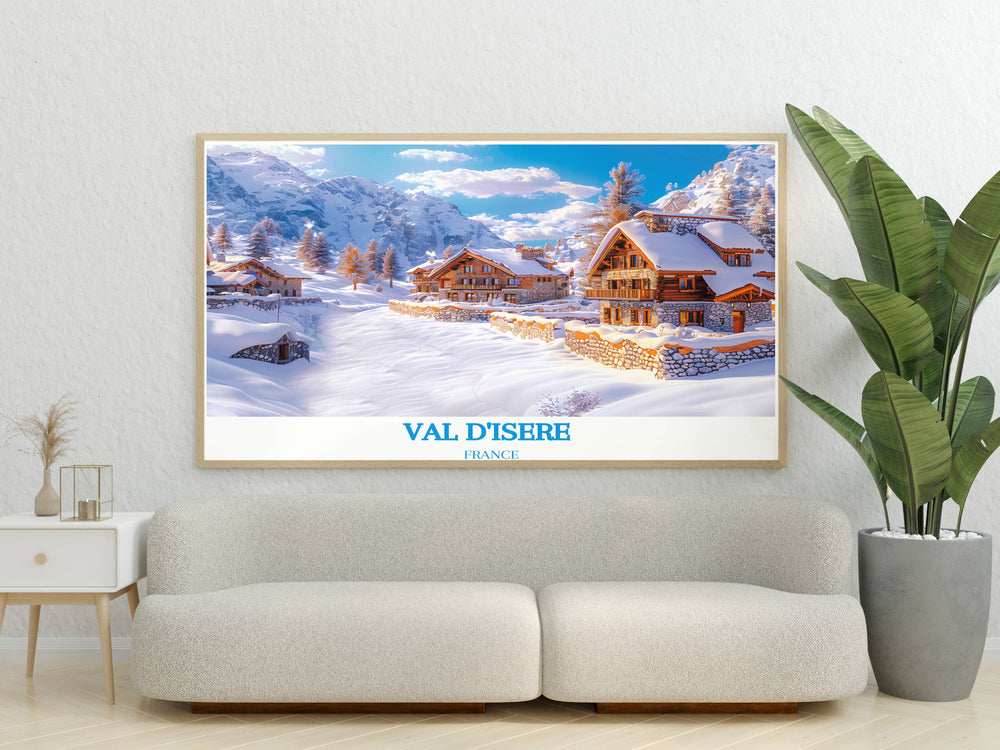 Artwork of Val dIsère le Fornet in the French Alps, capturing the thrill of skiing and the beauty of the mountains. A must have for anyone with a passion for winter sports and travel.