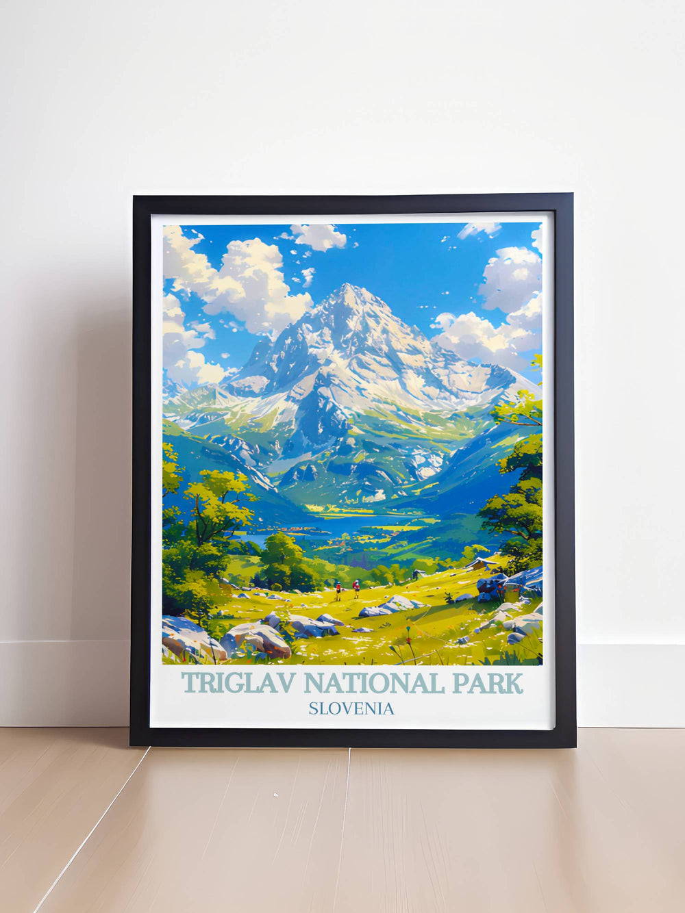 Beautiful poster featuring the scenic landscapes of Triglav National Park with vibrant colors and intricate details of Mount Triglav and the Julian Alps.