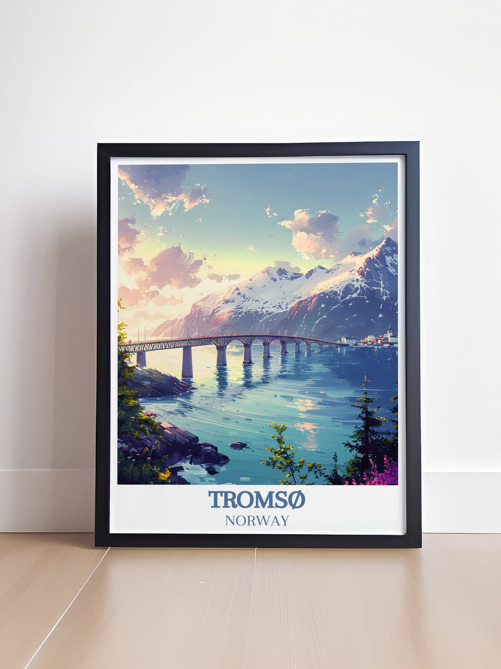 Tromsø Bridge art print featuring the bridges elegant curves set against the breathtaking fjords and mountains of Tromsø. A picturesque scene that epitomizes Norways natural splendor.