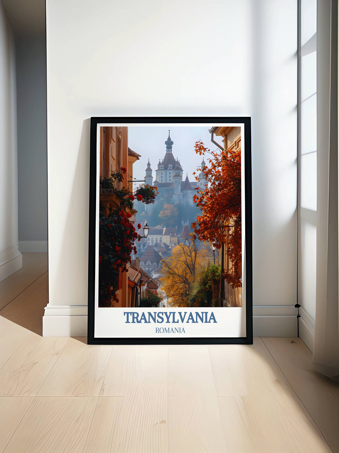 Sighișoara Citadel wall art featuring vibrant colors and intricate details of the medieval towns historic streets and buildings, capturing the essence of Transylvanias cultural heritage in a visually striking print.