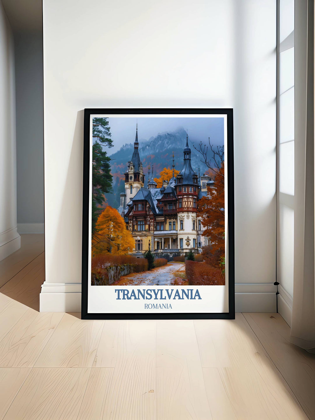 Transylvania gallery wall art featuring Peleș Castle, capturing the castles intricate details and vibrant colors, perfect for adding a touch of Romanian history and architectural splendor to any gallery wall.
