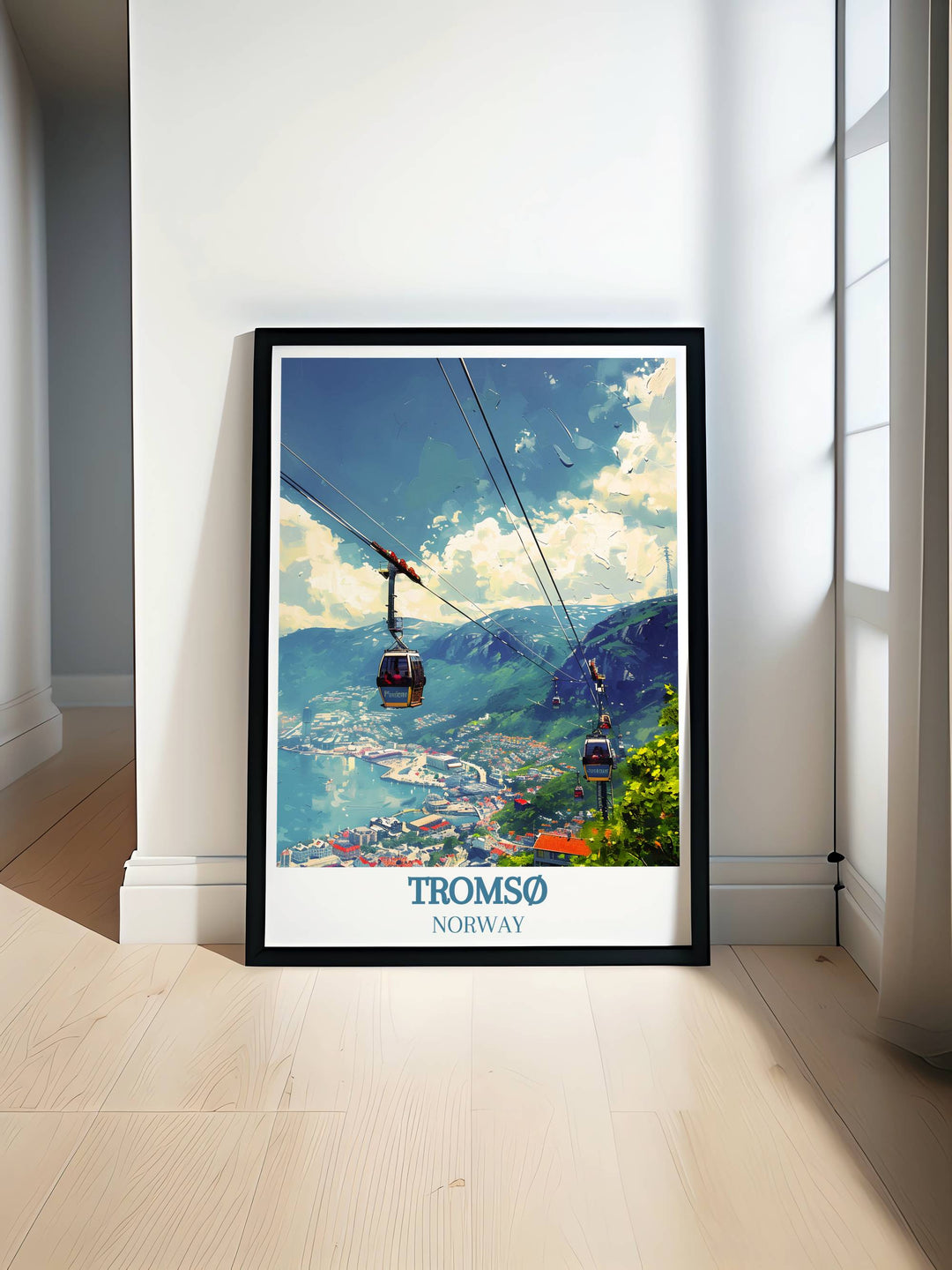 Tromso Norway fine art print featuring the iconic Fjellheisen cable car, capturing the stunning Arctic landscape with snow capped mountains and pristine wilderness, perfect for adding a touch of Nordic charm to your home.