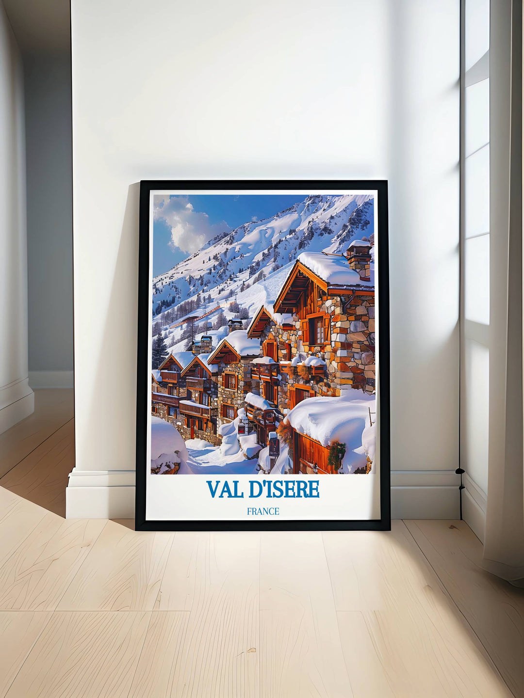 Travel poster of Val dIsère featuring stunning snow covered peaks and the charming village of Val dIsère le Fornet. Perfect for enhancing home decor with the beauty of the French Alps.