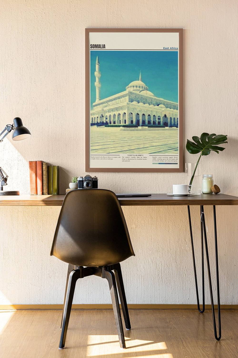 a picture of a mosque on a wall above a desk