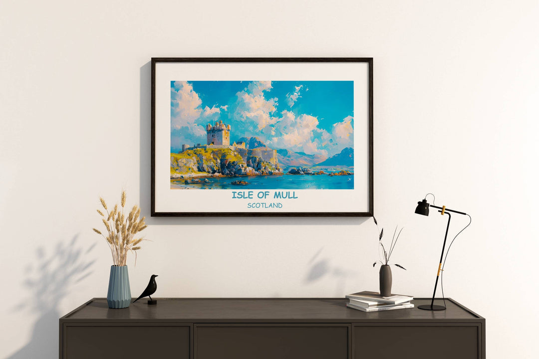 Vibrant wall decor featuring Duart Castle, a symbol of Scottish heritage on the Isle of Mull. Perfect gift for housewarmings or to add a touch of Scotland to your home or office decor.