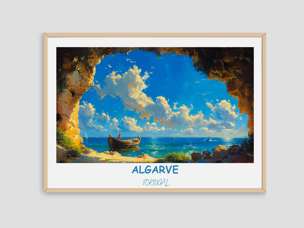 Vibrant Algarve travel poster featuring Benagil Sea Cave. Detailed illustration captures the essence of Portugals coastal beauty. Perfect decor or gift for Portugal enthusiasts.
