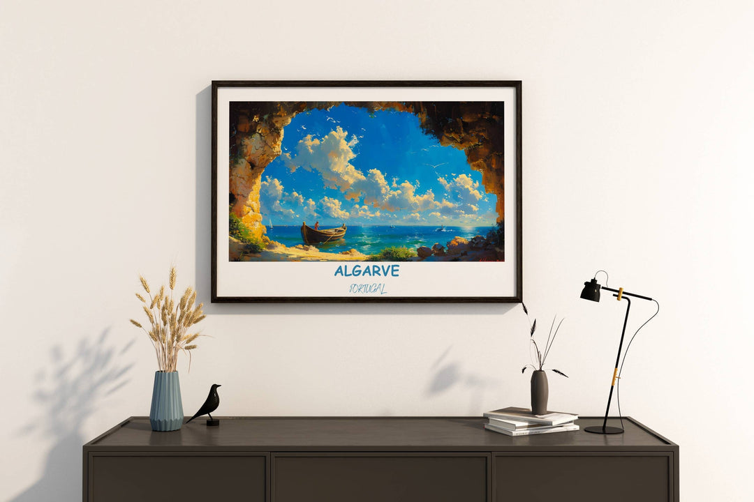 Vibrant Algarve travel poster featuring Benagil Sea Cave. Detailed illustration captures the essence of Portugals coastal beauty. Perfect decor or gift for Portugal enthusiasts.