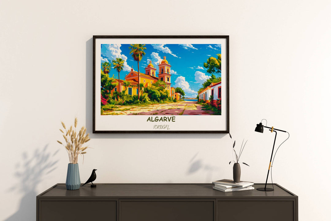 Vibrant Algarve travel poster featuring Igreja de Santa Maria and Cathedral of Faro. Detailed illustration captures the essence of Portugals coastal beauty. Perfect decor or gift for Portugal enthusiasts.