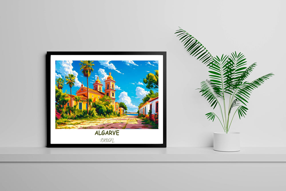 Stunning Algarve art print showcasing the enchanting Igreja de Santa Maria and Cathedral of Faro. A picturesque portrayal of Portugals cultural heritage, perfect for wall decor or gifting.