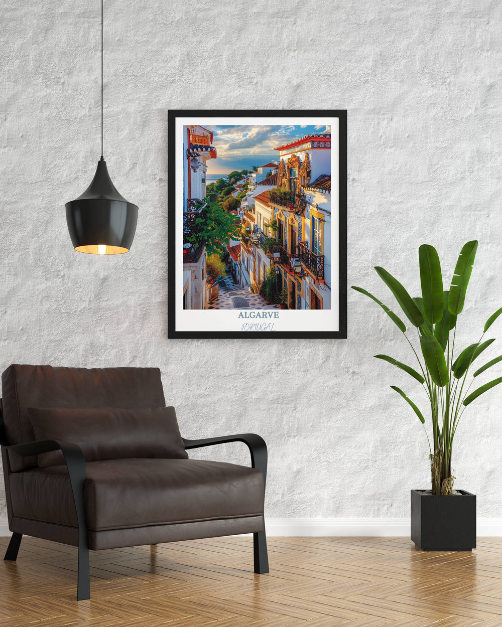 Stunning Algarve art print showcasing the enchanting Faro Old Town and Cathedral of Faro. A picturesque portrayal of Portugals historic charm, perfect for wall decor or gifting.