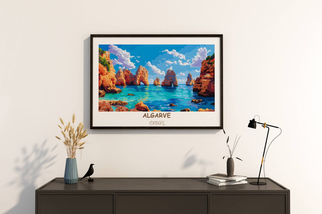 Vibrant Algarve travel poster featuring Ponta da Piedade. Detailed illustration captures the essence of Portugals coastal beauty. Perfect decor or gift for Portugal enthusiasts.