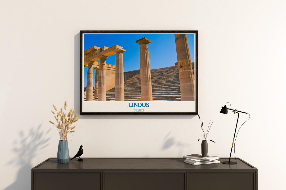Gallery wall art featuring beautiful scenes from Lindos, perfect for those looking to add a touch of Greek island charm to their interiors.