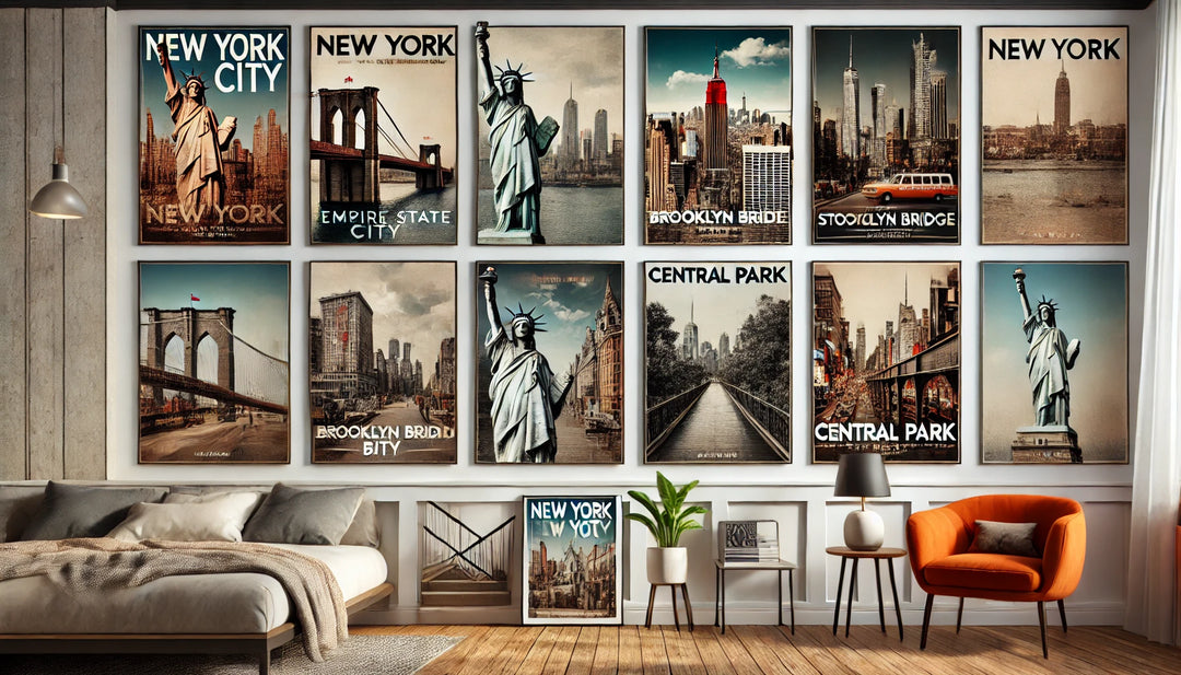 A collage of New York City travel posters from MapYourDreams, showcasing iconic landmarks like the Empire State Building, Brooklyn Bridge, and Statue of Liberty. Displayed in living rooms, bedrooms, hallways, and offices for stylish decor inspiration