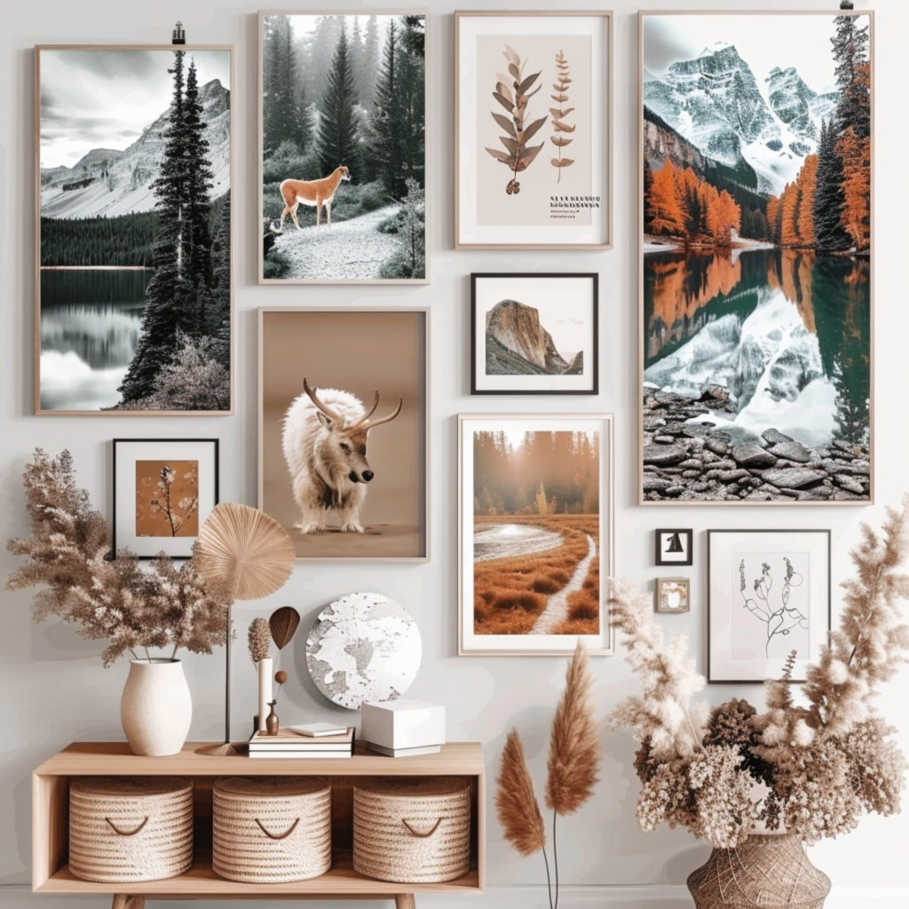 Stunning National Park Artwork displayed in a modern living room, showcasing framed photographs and paintings of iconic national parks, enhancing the décor and bringing nature indoors