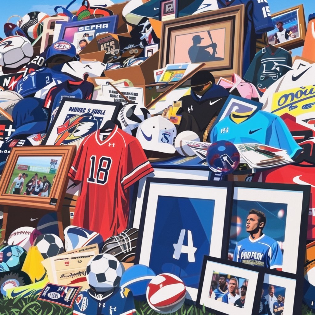 Vibrant collage of sports memorabilia, including jerseys, signed balls, tickets, and framed photos, showcasing diverse sports artwork for home decor