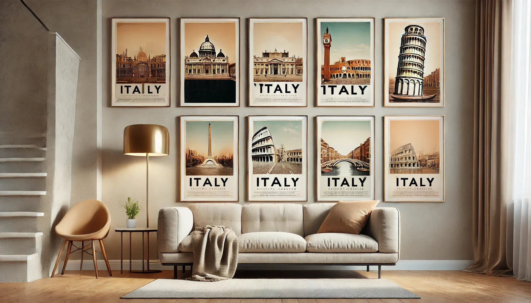 A stylish living room showcasing Italy wall art featuring iconic landmarks such as the Colosseum, Venice canals, and the Leaning Tower of Pisa. The framed prints, add a touch of elegance and sophistication to the modern and inviting space.