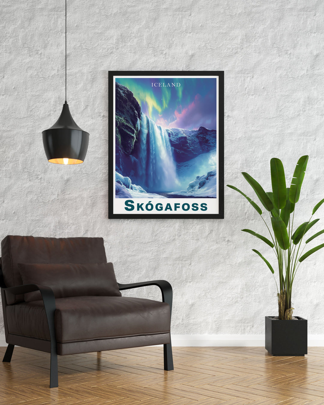 Skogafoss waterfall northern lights artwork capturing the awe inspiring view of Icelands waterfall and northern lights a stunning addition to your travel poster art collection
