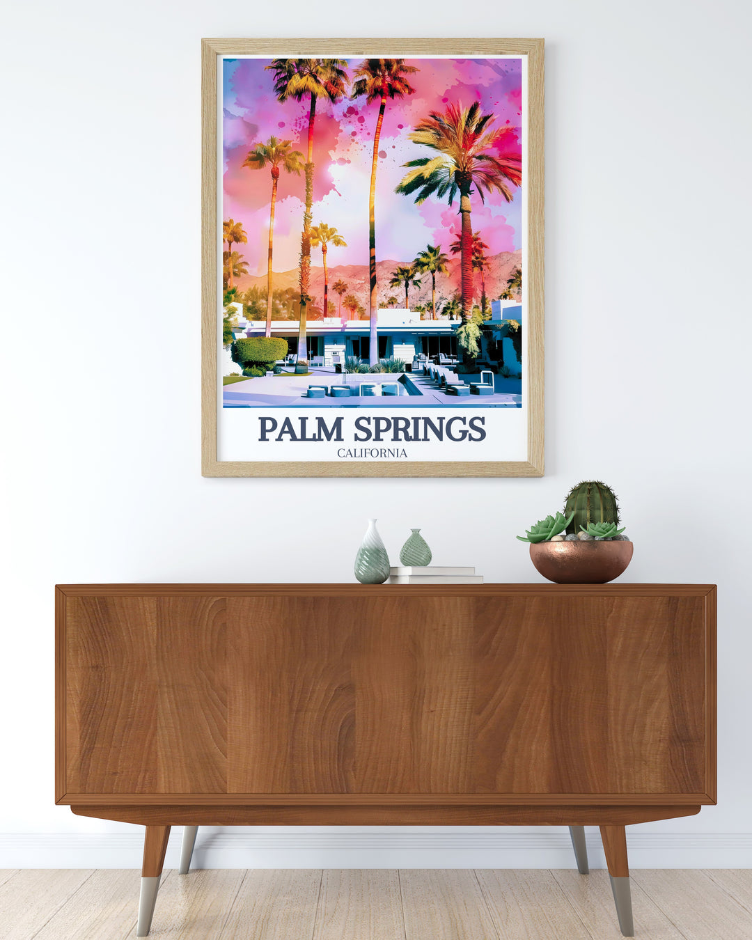 Palm Springs Poster Print featuring iconic landmarks such as Grenfall Road and Limon Palm Springs Hotel, showcasing the vibrant desert scenery of California. This travel print is perfect for home decor and gifts, capturing the essence of Palm Springs unique charm and history.