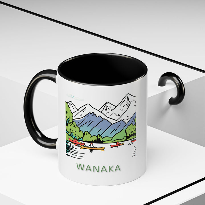 A premium Wanaka mug displaying the towns scenic landscapes in vibrant detail. Made from durable ceramic, dishwasher and microwave safe, combining practicality with artistic expression for everyday enjoyment or special occasions, celebrating Wanakas unique spirit.