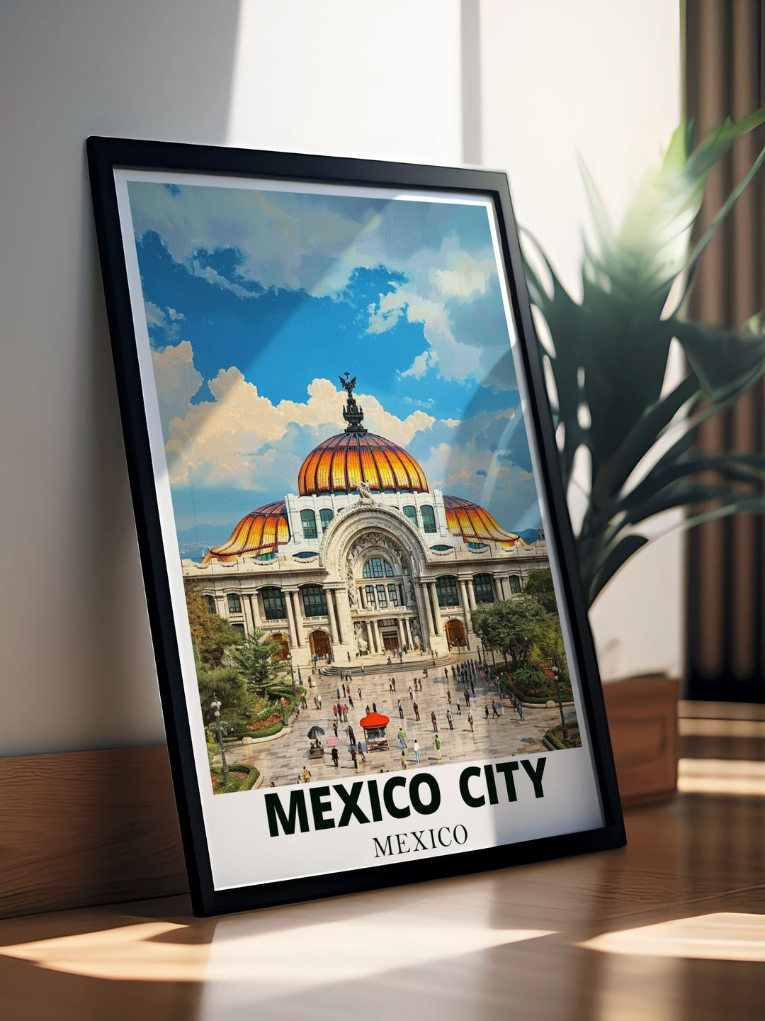 Bring the beauty of Mexico Citys Palacio de Bellas Artes into your home with this modern art print perfect for those looking to add a touch of elegance and sophistication to their living space