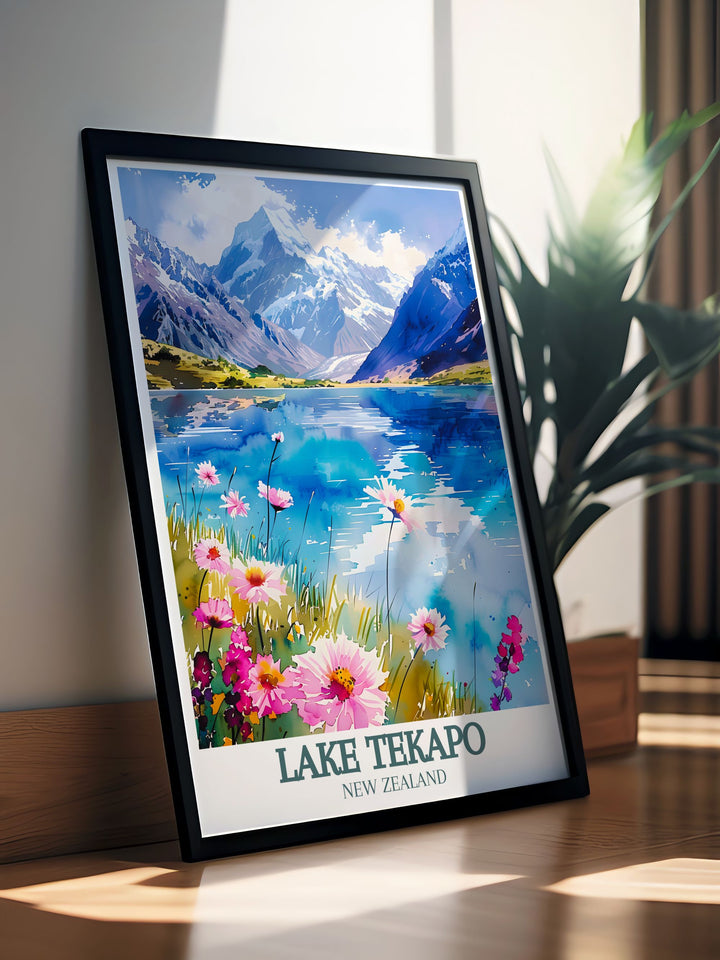 Showcasing the tranquil ambiance of Lake Tekapo, this poster features the vibrant turquoise waters and the surrounding majestic mountains. Perfect for those who appreciate serene and picturesque landscapes.