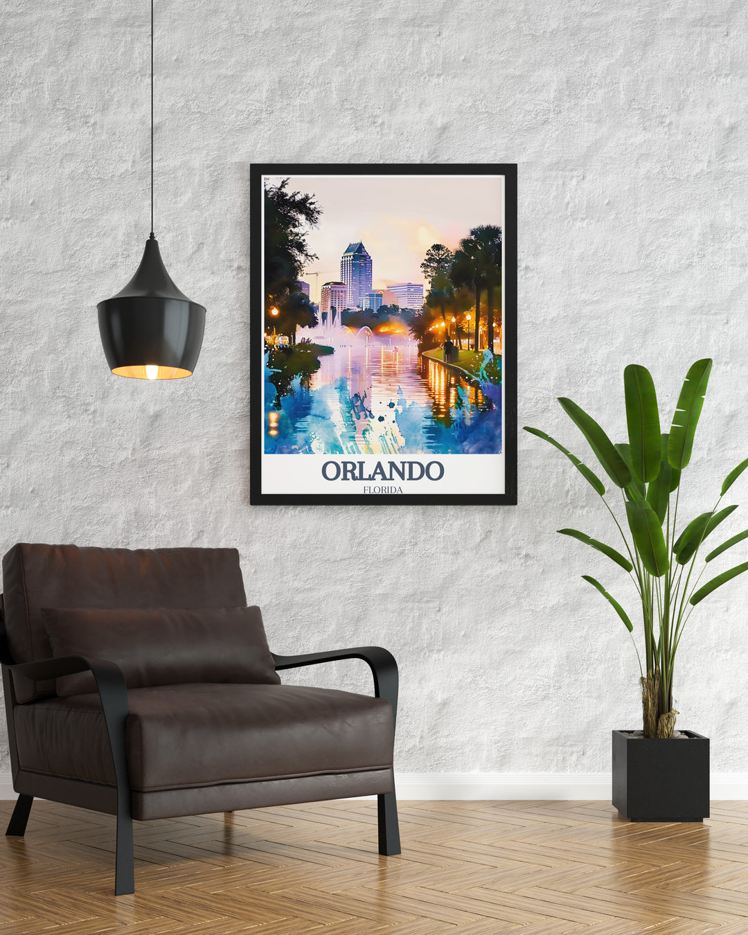 Lake Eola Park wall art print capturing the tranquil beauty of Orlandos iconic lake and its surrounding park. The minimalist design adds a modern touch to this beloved Florida landmark, making it a perfect piece for anyone looking to bring a bit of Orlando into their home or office.