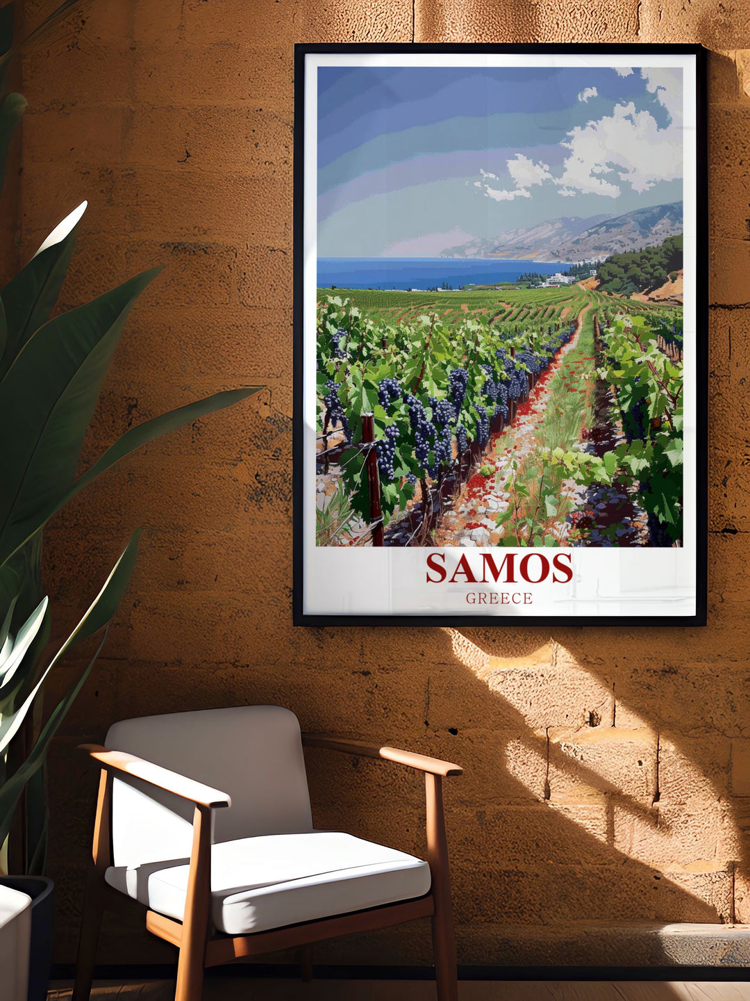 Our Samos wall art features the islands famed vineyards, known for producing Muscat wine. Perfect for adding a touch of Greece to any room, this travel print brings the peaceful beauty of Samos landscape and its winemaking heritage into your home.