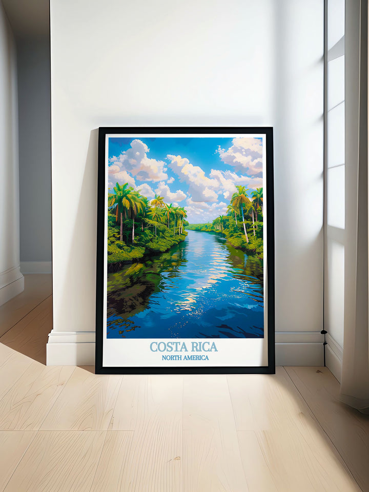 Unique artwork of Costa Rica featuring Tortuguero National Park and Saint Teresa, perfect for personalized gifts or home decor. This print captures the essence of Costa Ricas most scenic and cultural locations.
