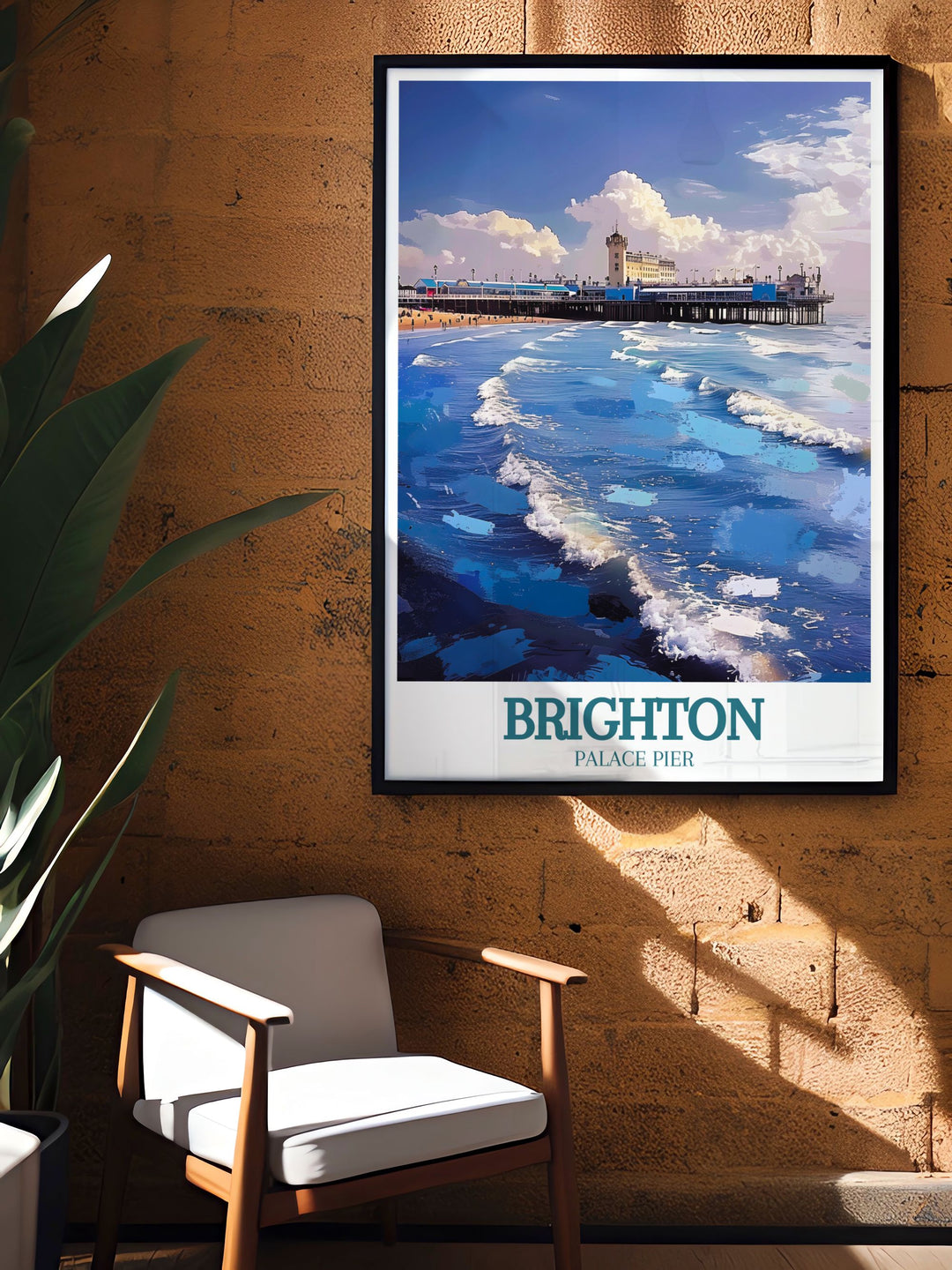 Brighton Palace Pier framed print highlighting the pier and the picturesque English Channel a must have vintage travel print for those who appreciate the charm of coastal scenes and nostalgic art.