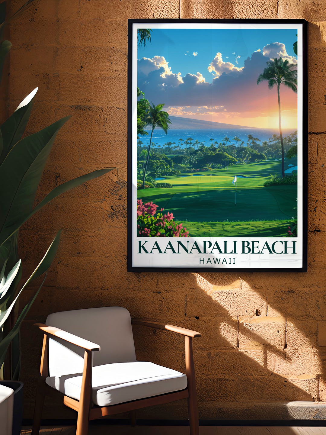 Kaanapali Beach wall art capturing the stunning views of Mauis coastline with clear waters, golden sand, and lush greenery. This Hawaii travel poster adds a refreshing tropical feel to any space, perfect for those who dream of Hawaii or are inspired by its beauty.