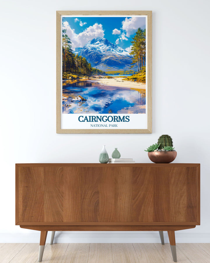 The captivating blend of nature in Cairngorms National Park and the rugged terrain of Cairngorm Mountain is beautifully illustrated in this poster, making it a stunning addition to any wall art collection celebrating Scotland.