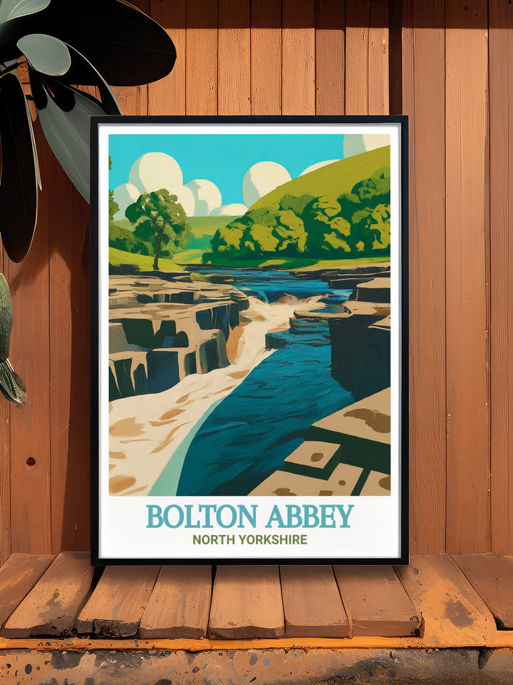 The Strid print highlighting the majestic flow of the River Wharfe as it winds through the Yorkshire Dales this artwork is a perfect addition to any home looking to capture the raw beauty and mystery of North Yorkshires natural landscapes.