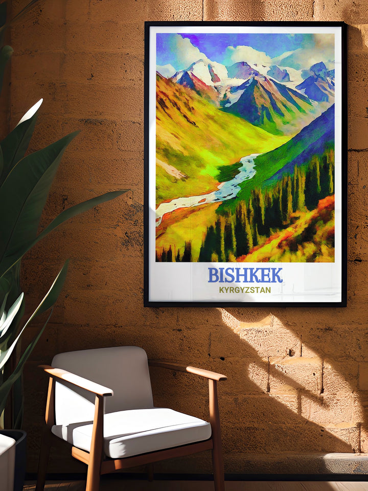 Kyrgyzstan Canvas Art showcases Bishkeks striking architecture alongside the majestic mountains of Ala Archa National Park. This print is perfect for travelers and adventurers, providing a unique glimpse into Kyrgyzstans diverse landscapes.