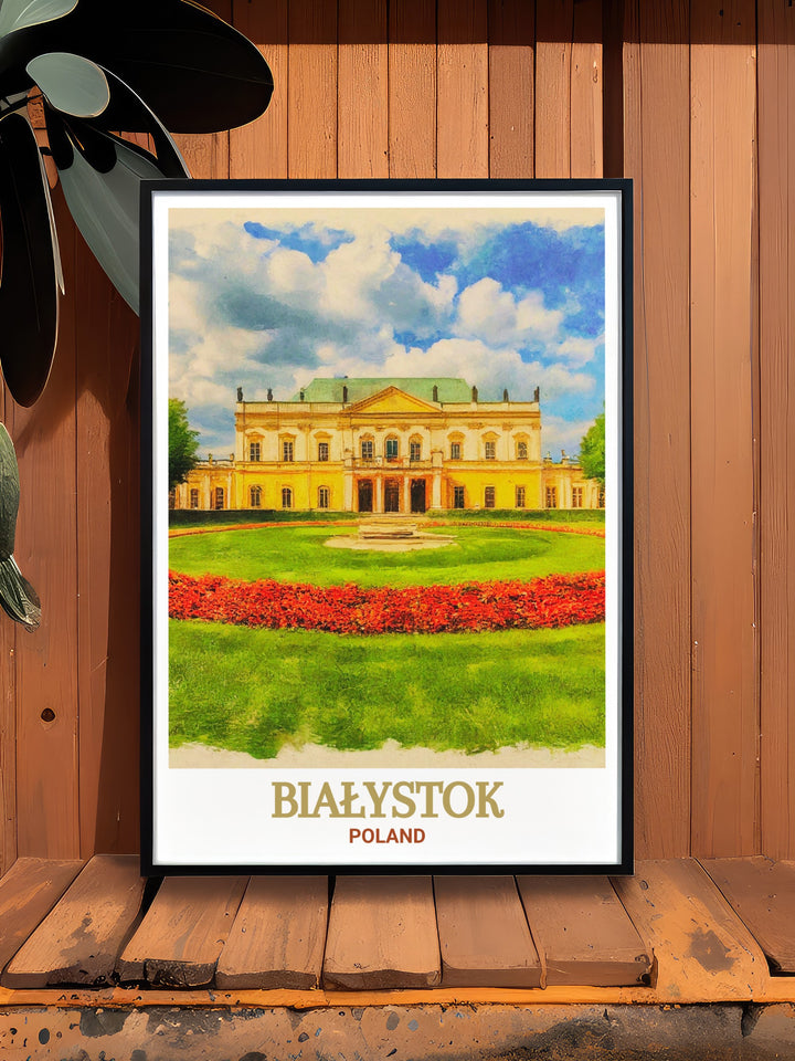 The Branicki Palace Travel Print highlights the palaces breathtaking gardens and intricate baroque design. This print is a stunning portrayal of Polands architectural heritage and is ideal for adding elegance to any space or as a thoughtful gift for travel lovers.