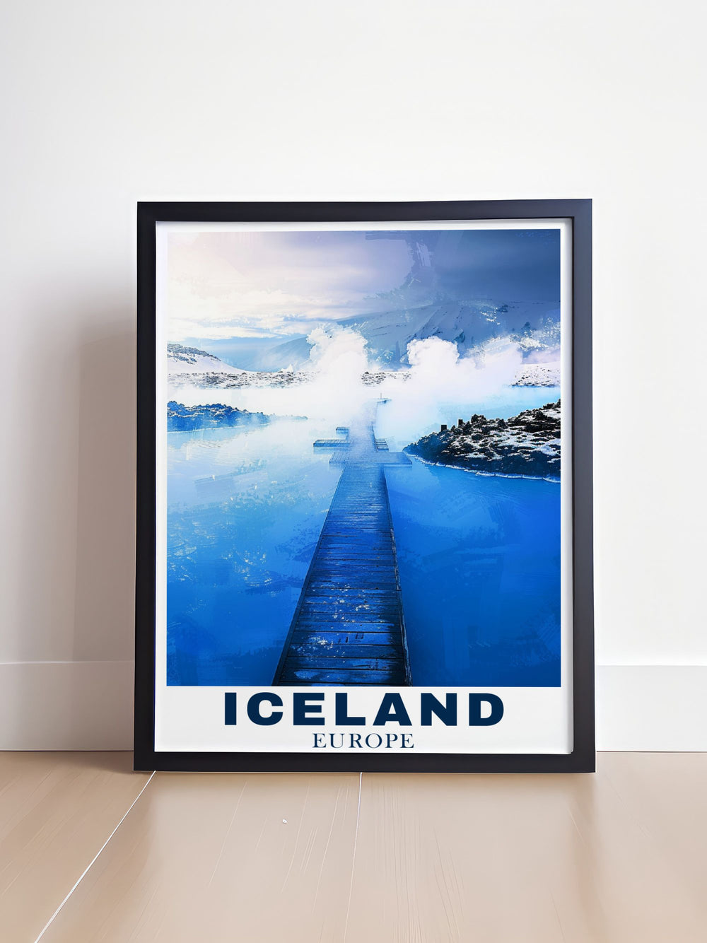 The serene waters of the Blue Lagoon, set against the backdrop of Icelands volcanic landscape, featured in a beautiful art print.