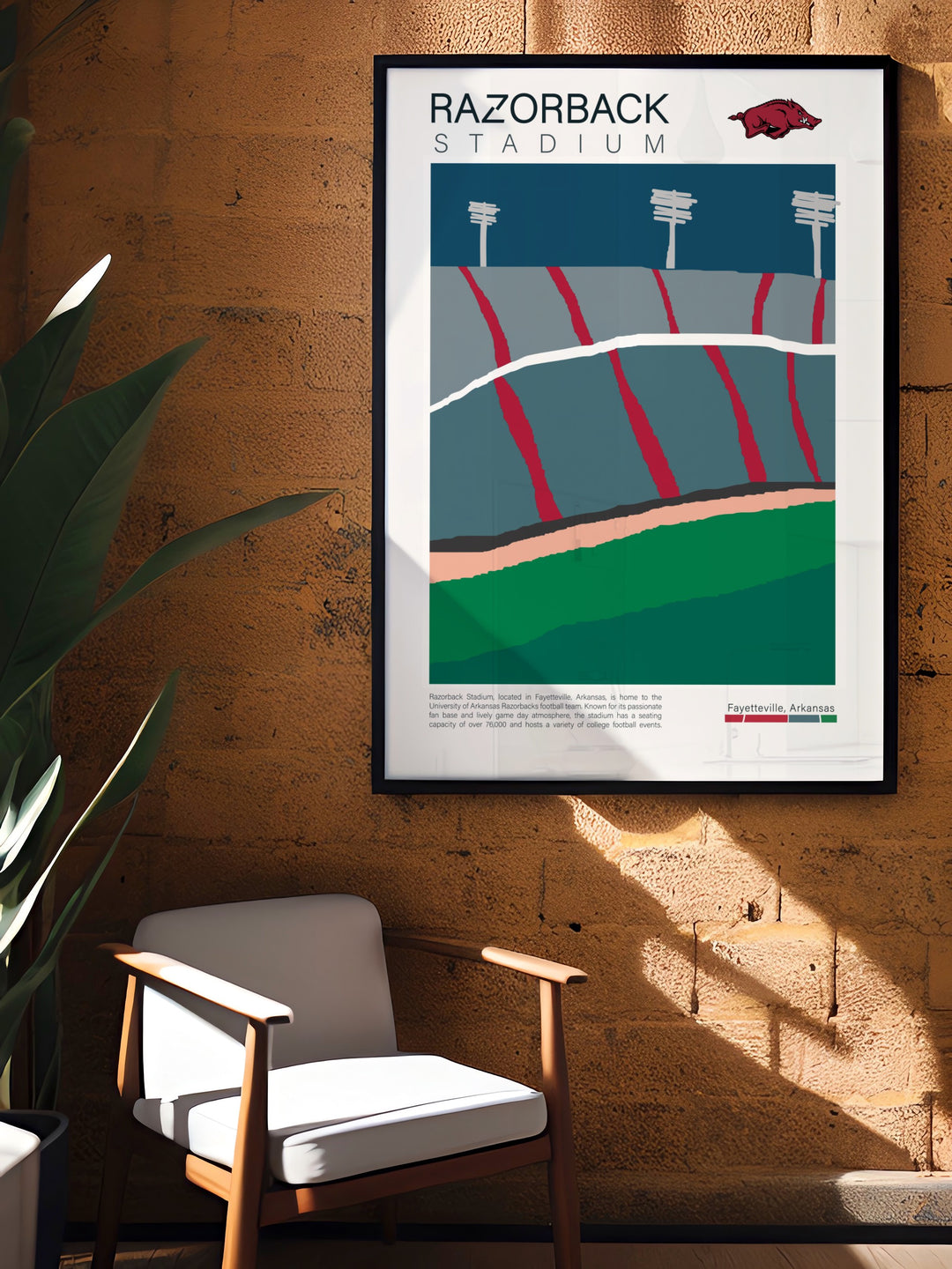 Dynamic Razorbacks Poster capturing the excitement of Arkansas football at Razorback Stadium an excellent choice for college dorm decor or as a unique gift for Razorbacks fans ideal for birthdays and Fathers Day