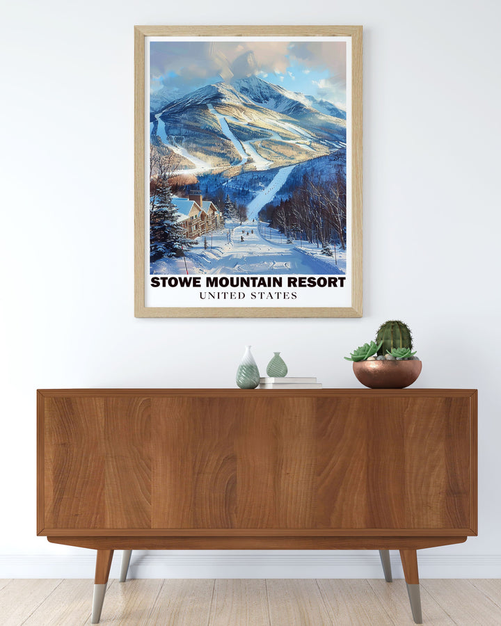 Vibrant Skii trails framed print highlighting the majestic Mount Mansfield and Stowe Ski Resort ideal for creating an inviting atmosphere in your home with beautiful and detailed artwork