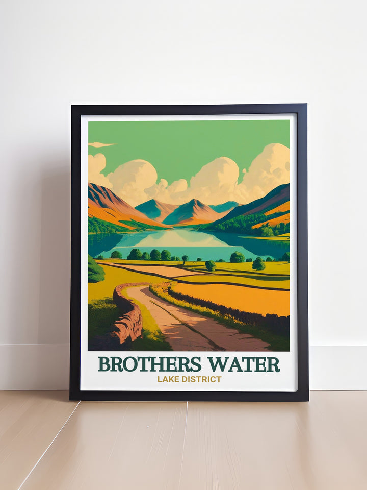 The Brothers Water travel print showcases the quiet charm of this Lake District lake, framed by the surrounding hills. Whether youve visited this national park or dream of doing so, this wall art brings the spirit of Cumbria into your living room.