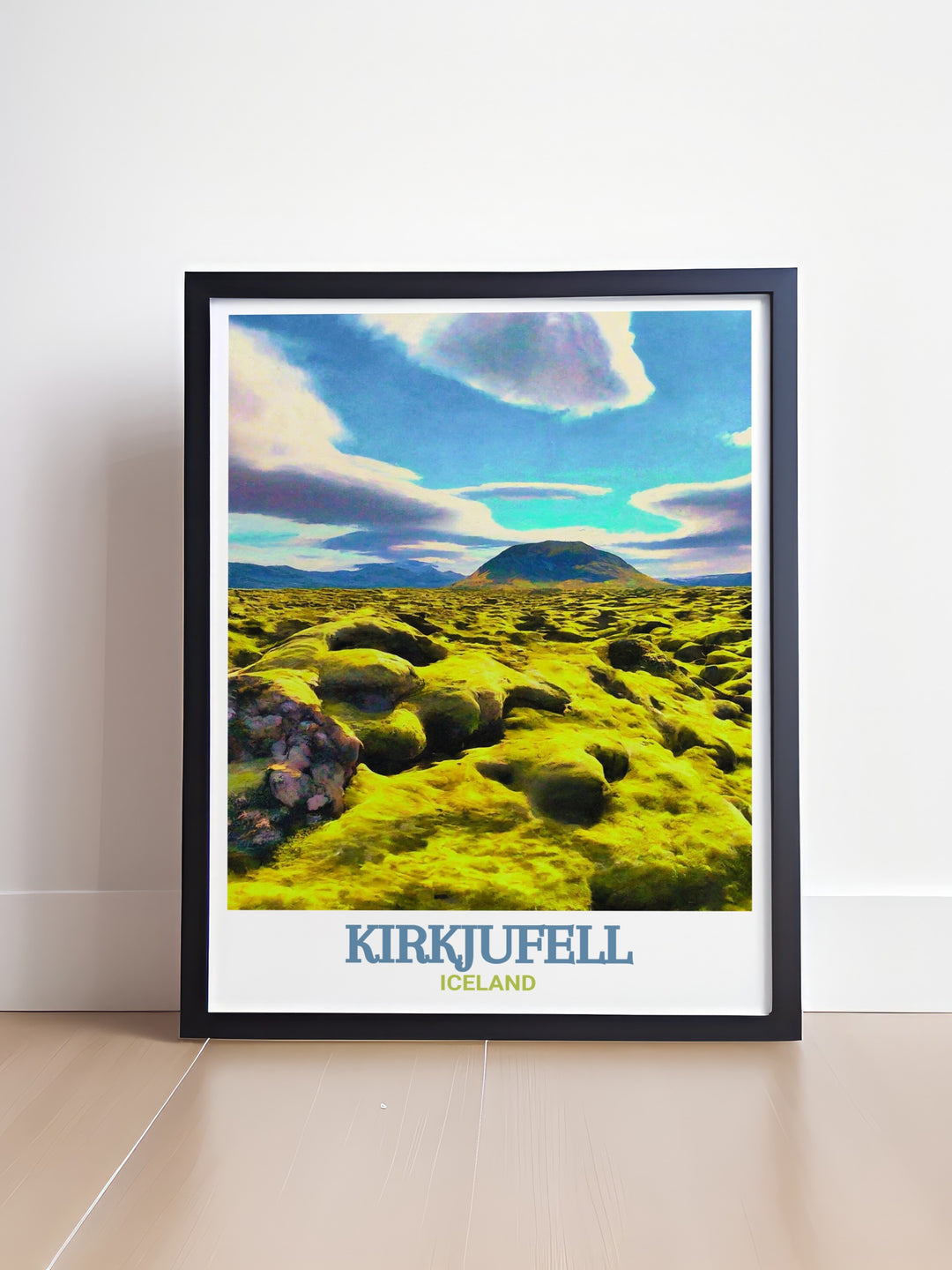 Iceland Travel Poster featuring the iconic Kirkjufell mountain and the ancient Berserkjahraun Lava Field, both of which define Icelands dramatic and captivating landscape. This travel poster is a beautiful reminder of the natural wonders that make Iceland a must visit destination for adventurers and nature enthusiasts alike.