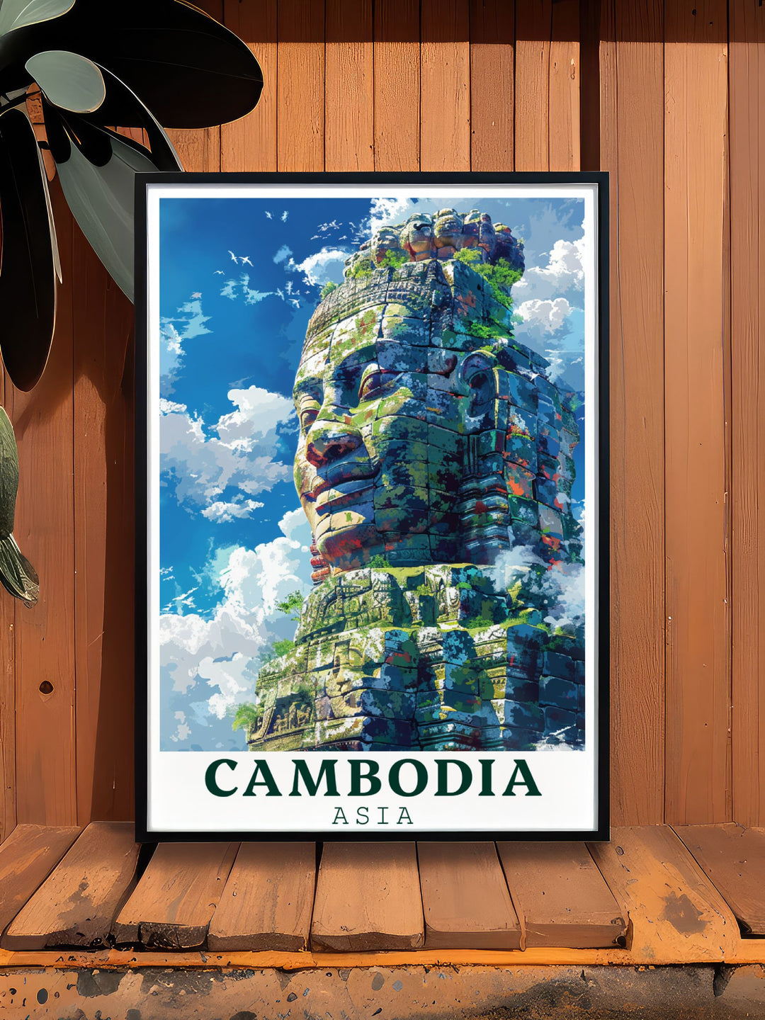 Beautiful Cambodia art print featuring Bayon Temple in a detailed and captivating design adding a touch of history and elegance to your home decor.