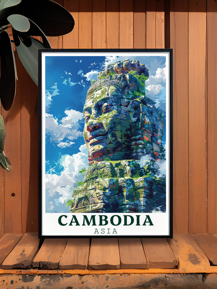 Beautiful Cambodia art print featuring Bayon Temple in a detailed and captivating design adding a touch of history and elegance to your home decor.