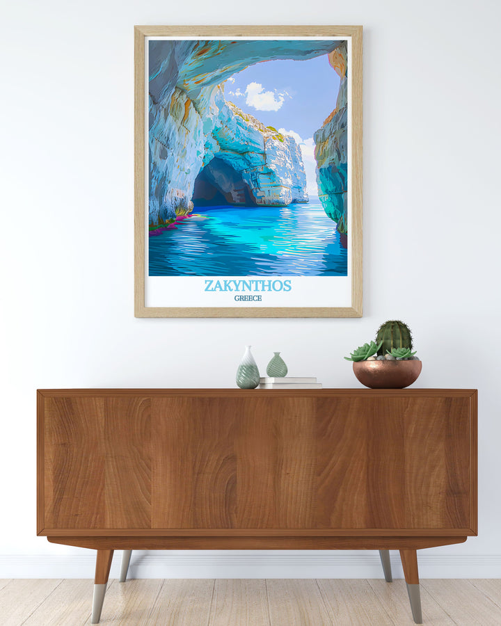 Zakynthos Poster highlighting the architectural elegance and bustling energy of Zakynthos Town with a touch of the Blue Caves bringing the vibrant spirit of the Greek island to your wall art collection