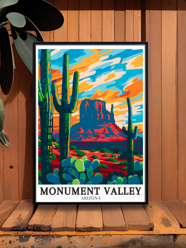 Merrick Butte and Saguaro Cactus wall art adds a touch of natural beauty to any space showcasing the breathtaking views of Monument Valley and the Arizona desert ideal for those who appreciate nature and adventure.