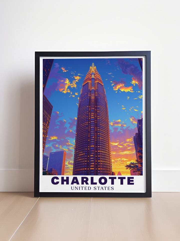 This Charlotte canvas art celebrates the citys skyline, featuring the iconic Bank of America Corporate Center. Ideal for home or office decor, this travel print captures the dynamic spirit of Charlotte. Whether as a gift or for your personal space, this art piece brings the vibrant energy of the Queen City into your surroundings.