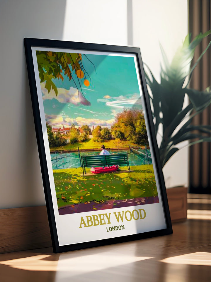 Stunning living room decor showcasing Abbey Wood and Bostall Gardens a framed print that highlights the peaceful ambiance of South East Londons Lesnes Abbey Woods ideal for creating a calming and inviting atmosphere in any room