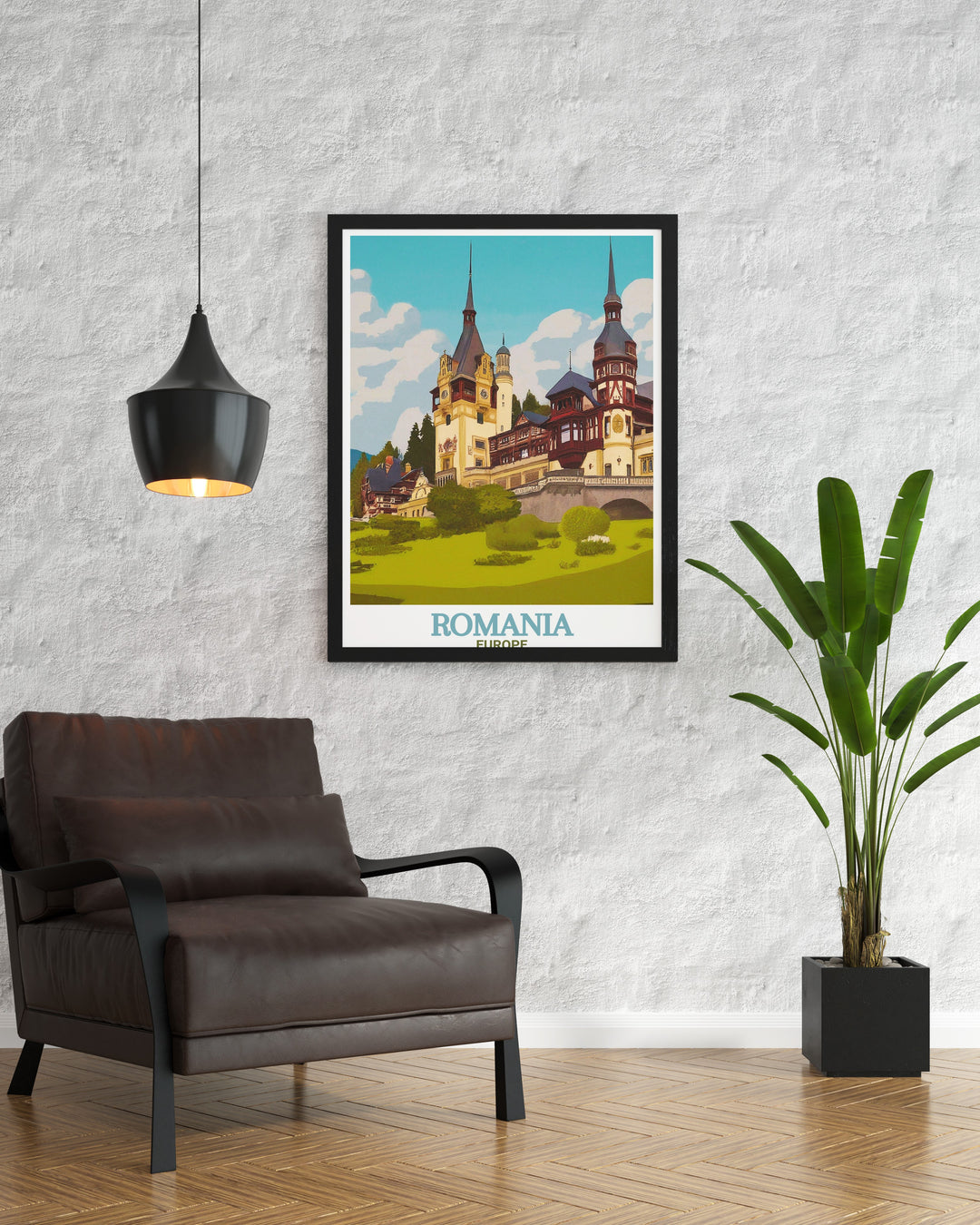 A vibrant canvas print of Peleș Castle in Romania, showcasing the striking Neo Renaissance style of one of Europes most renowned castles. This travel poster is a perfect gift for architecture enthusiasts and admirers of Romanian culture.